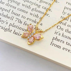Stainless Steel Pink Crystal Butterfly Korean Necklace – Gold Polish