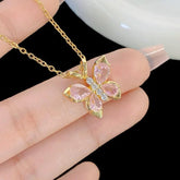 Stainless Steel Pink Crystal Butterfly Korean Necklace โ Gold Polish