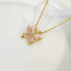 Stainless Steel Pink Crystal Butterfly Korean Necklace – Gold Polish