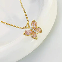 Stainless Steel Pink Crystal Butterfly Korean Necklace – Gold Polish